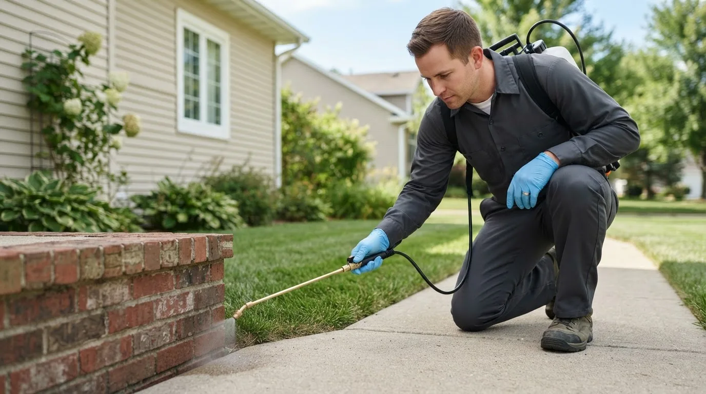 Pest control technician treating a home near Redmond, OR